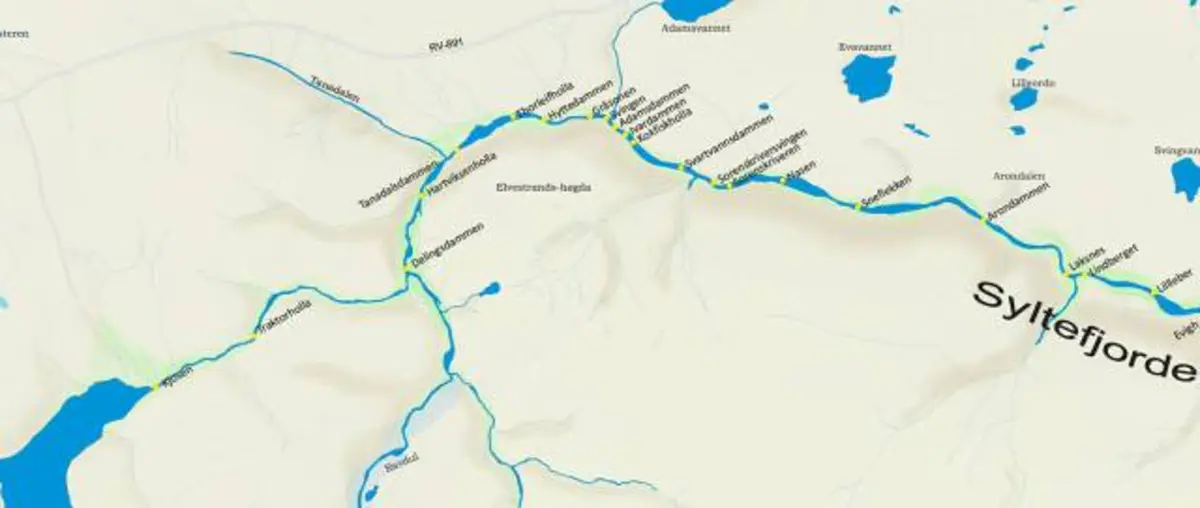 Kart over nedre del av Syltefjordelva