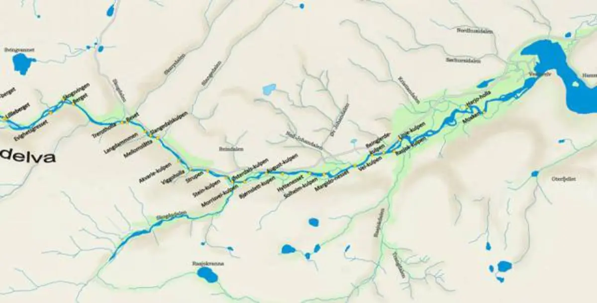 Kart over øvre del av Syltefjordelva